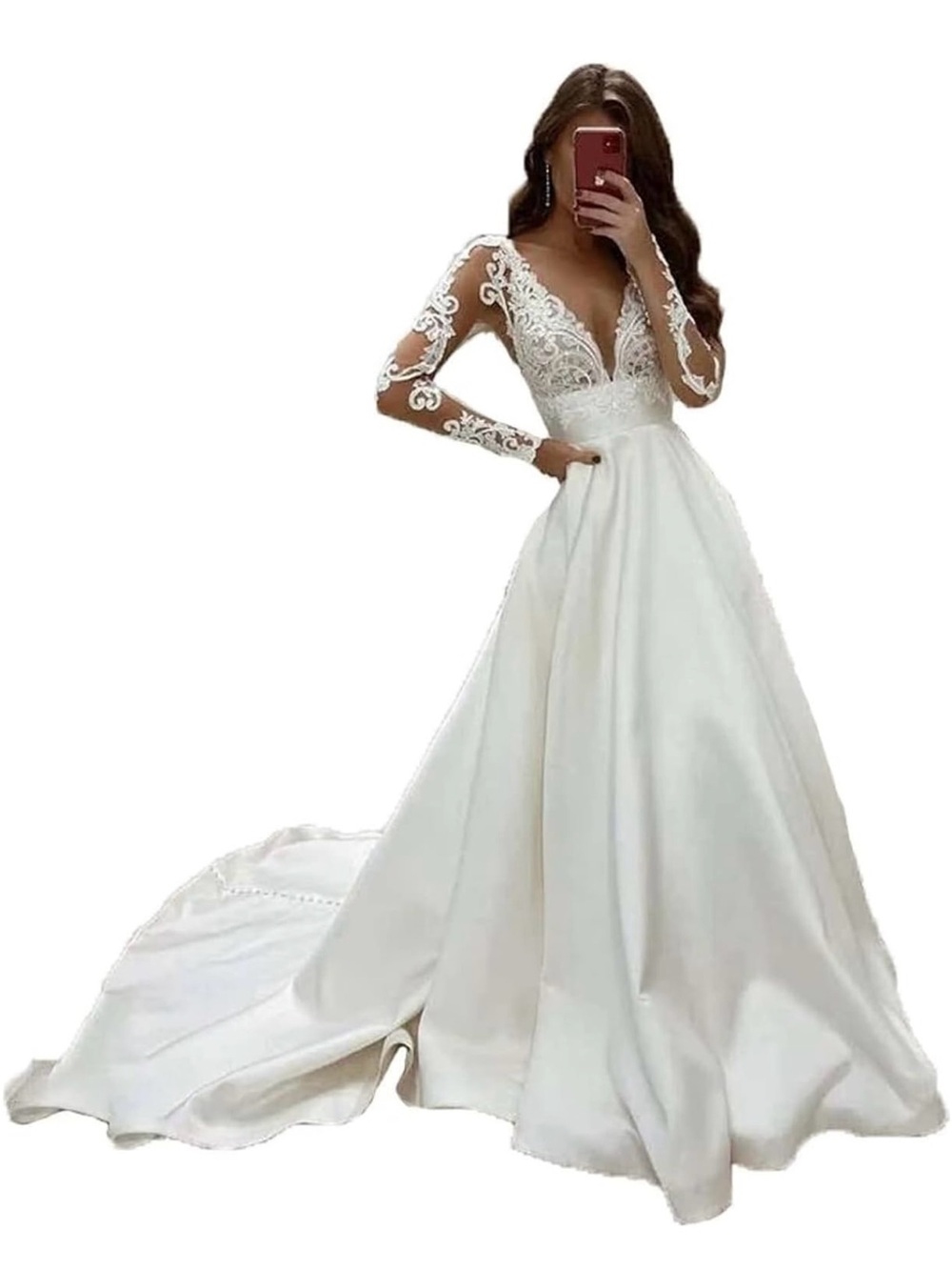 Amazon Bridal Gown in White with Lace Long Sleeves